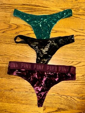 Victoria’s Secret PINK Velvet Thong bundle of 3; Green, Black & Burgundy